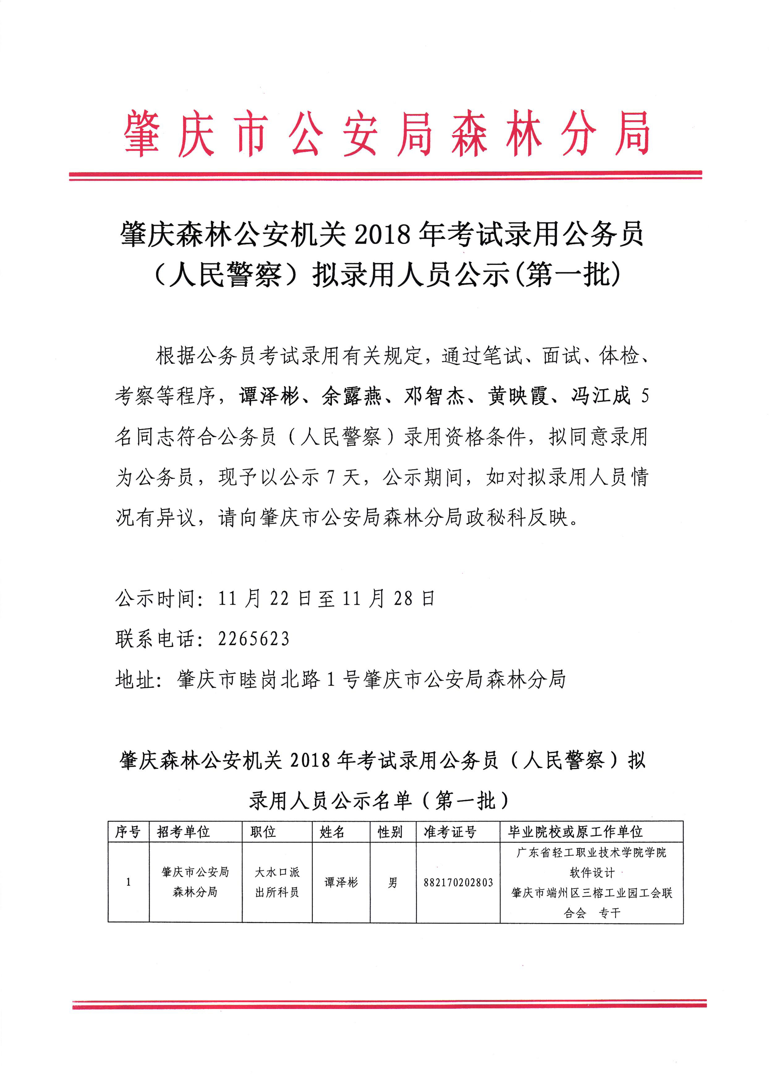 肇庆森林公安机关2018年考试录用公务员(人民警察)拟录用人员公示名单