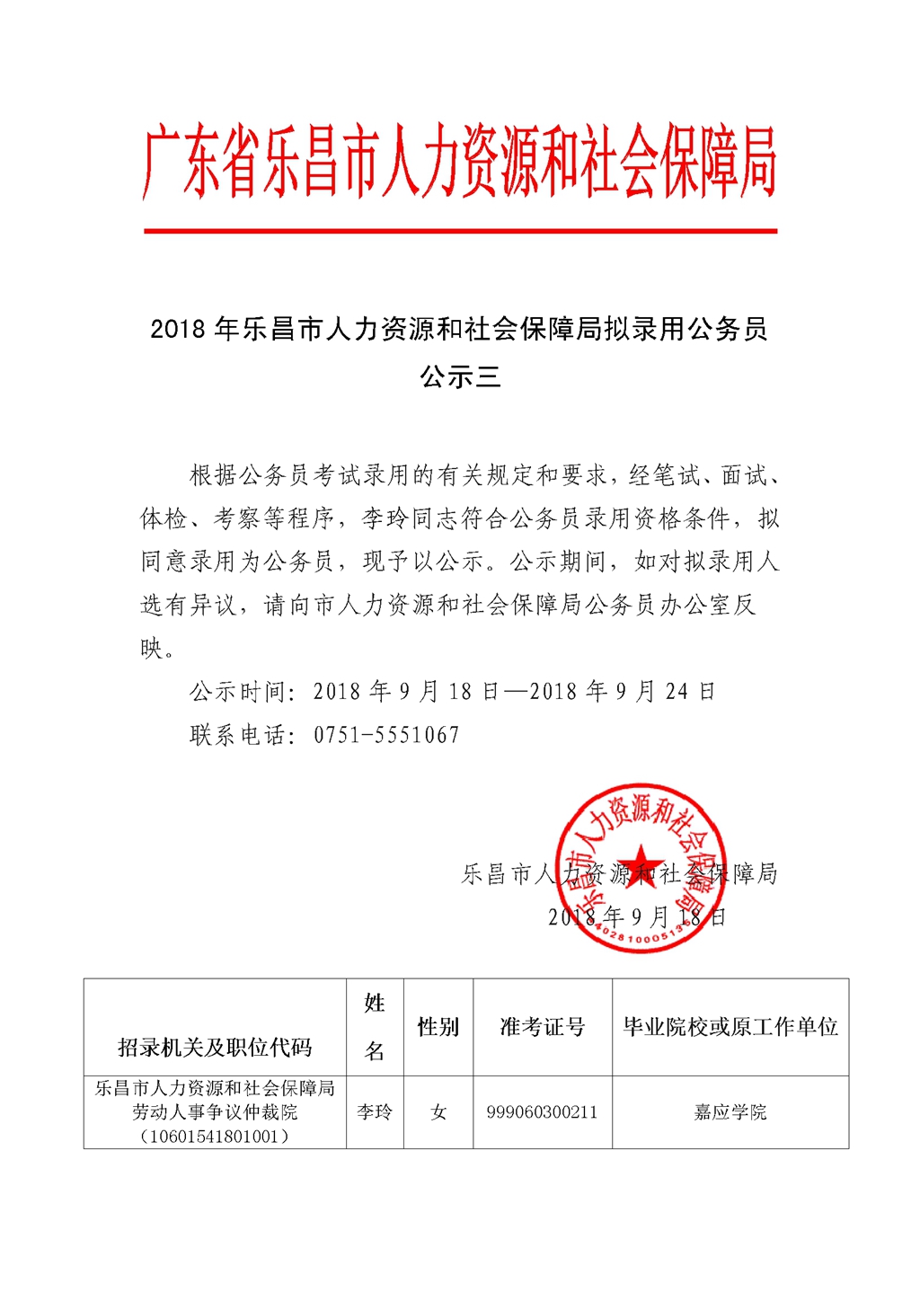 2018年广东韶关乐昌市公务员录用公示(人力资源和社会保障局)